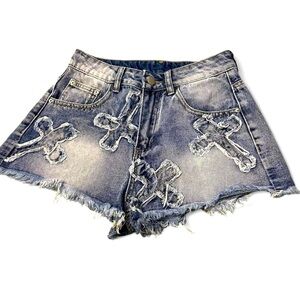 Blue Jean Shorts with Distressed Hem and Embroidery